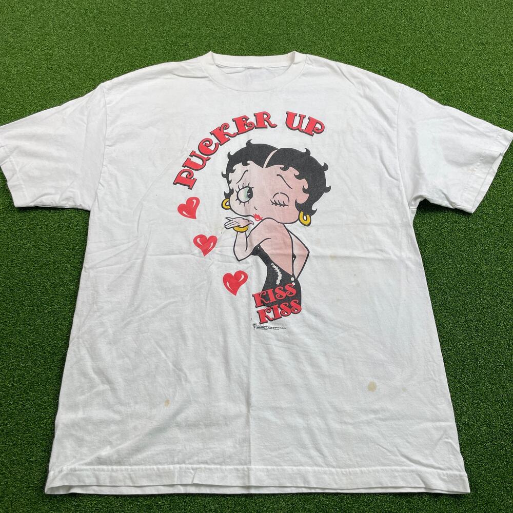Y2K 2000s Betty Boop Pucker Up Kiss Kiss Graphic White T-Shirt Sz XL
